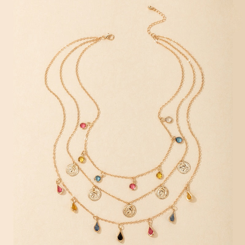 Tocona Colorful Crystal Stone Taasel Pendant Necklace for Women Charms Multi-layer Gold Alloy Metal Adjustable Jewelry 9950