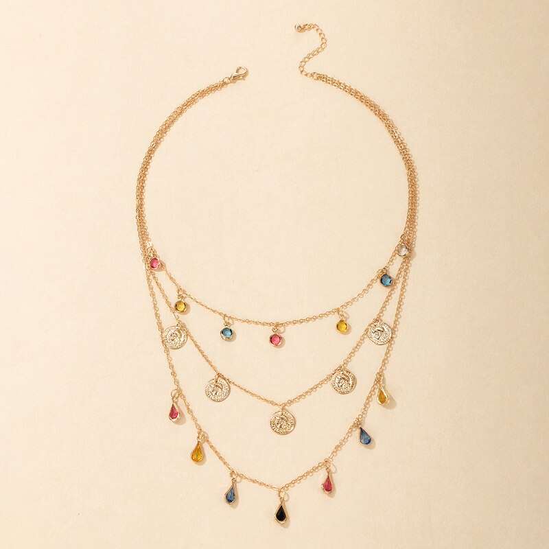 Tocona Colorful Crystal Stone Taasel Pendant Necklace for Women Charms Multi-layer Gold Alloy Metal Adjustable Jewelry 9950
