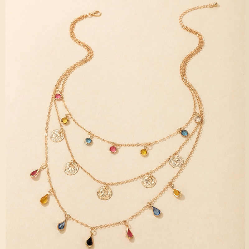 Tocona Colorful Crystal Stone Taasel Pendant Necklace for Women Charms Multi-layer Gold Alloy Metal Adjustable Jewelry 9950