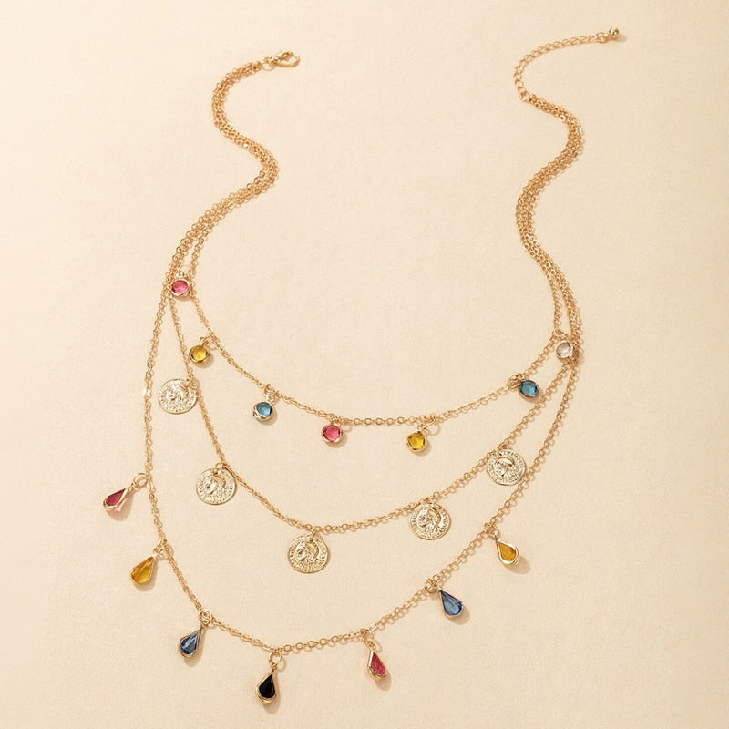 Tocona Colorful Crystal Stone Taasel Pendant Necklace for Women Charms Multi-layer Gold Alloy Metal Adjustable Jewelry 9950