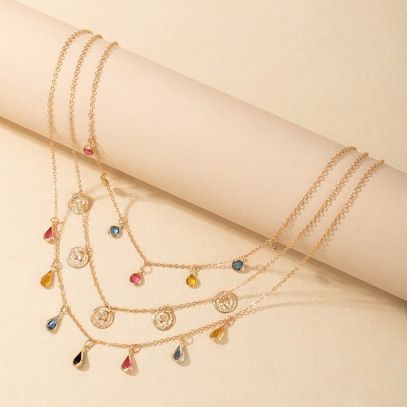 Tocona Colorful Crystal Stone Taasel Pendant Necklace for Women Charms Multi-layer Gold Alloy Metal Adjustable Jewelry 9950