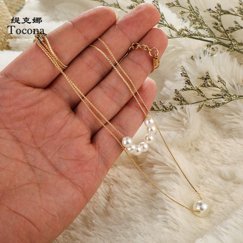 Tocona Factory Price Gold Color Necklace Women Ladies White Pearl Multi-layer Chain Choker Jewelry AccessoriesC07108