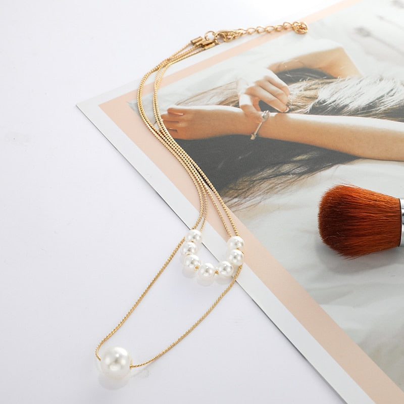 Tocona Factory Price Gold Color Necklace Women Ladies White Pearl Multi-layer Chain Choker Jewelry AccessoriesC07108