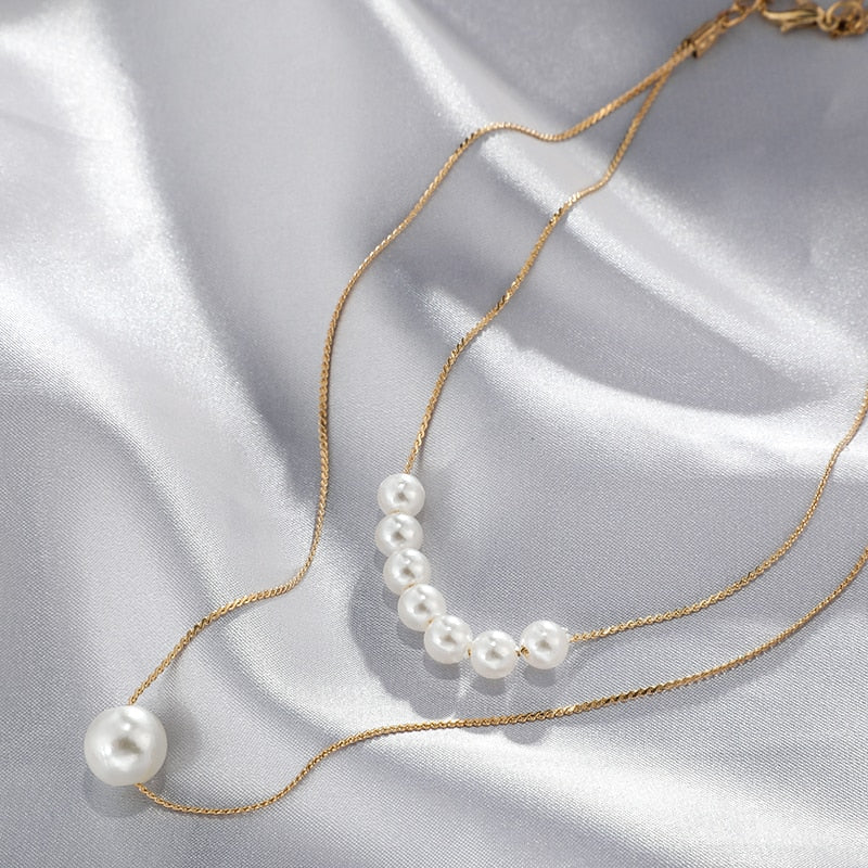 Tocona Factory Price Gold Color Necklace Women Ladies White Pearl Multi-layer Chain Choker Jewelry AccessoriesC07108