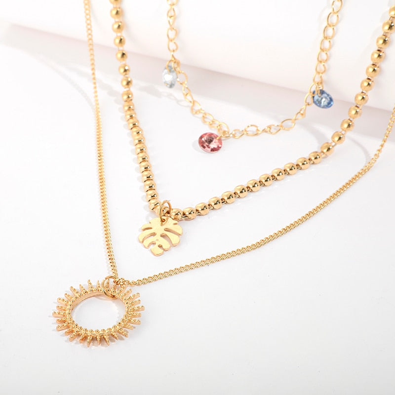Tocona Gold Sun Pendant Necklace Colorful Crystal Stone Bead Leaf Geomerty for Women Accessories Jewelry Drop Shipping  8874