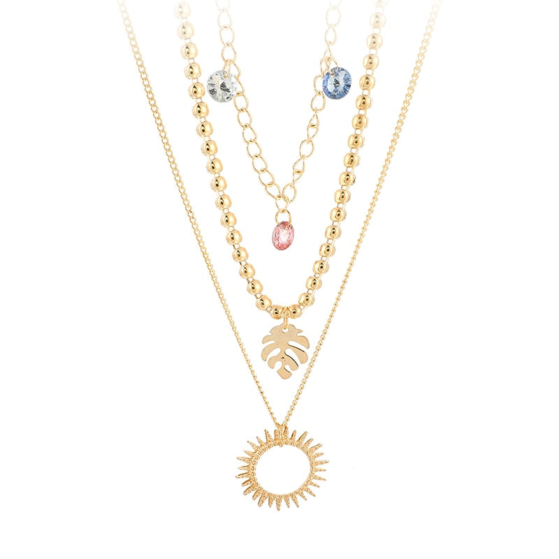 Tocona Gold Sun Pendant Necklace Colorful Crystal Stone Bead Leaf Geomerty for Women Accessories Jewelry Drop Shipping  8874