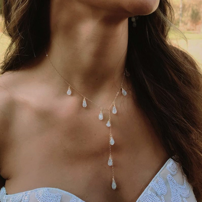 Tocona Luxurious Water Drop Crystal Stone Pendant Necklace for Women Gold Long Chain Chokcer Party Wedding Jewelry 13382