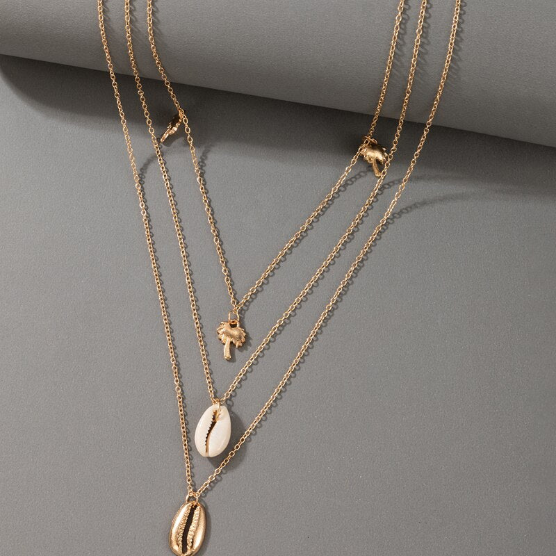 Tocona Multilayer Shell Pendant Necklace for Women Girls Gold Color Coconut Tree Choker Necklace Summer Vacation Jewelry 17579
