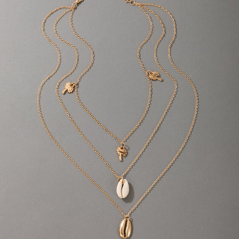 Tocona Multilayer Shell Pendant Necklace for Women Girls Gold Color Coconut Tree Choker Necklace Summer Vacation Jewelry 17579