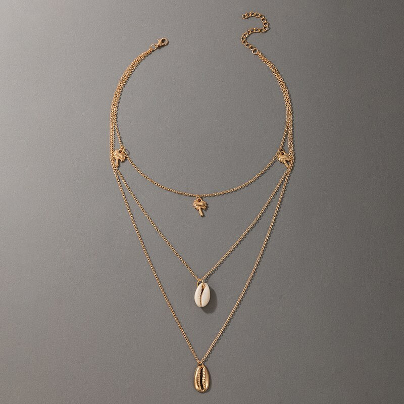 Tocona Multilayer Shell Pendant Necklace for Women Girls Gold Color Coconut Tree Choker Necklace Summer Vacation Jewelry 17579