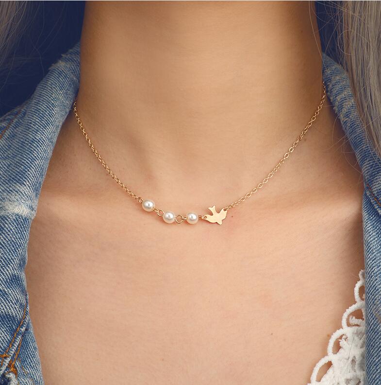 Tocona Gold Color Chain Choker Necklace Lovely Bird Pearl Shape Design Newclace For Women Ladies Jewelry 6723