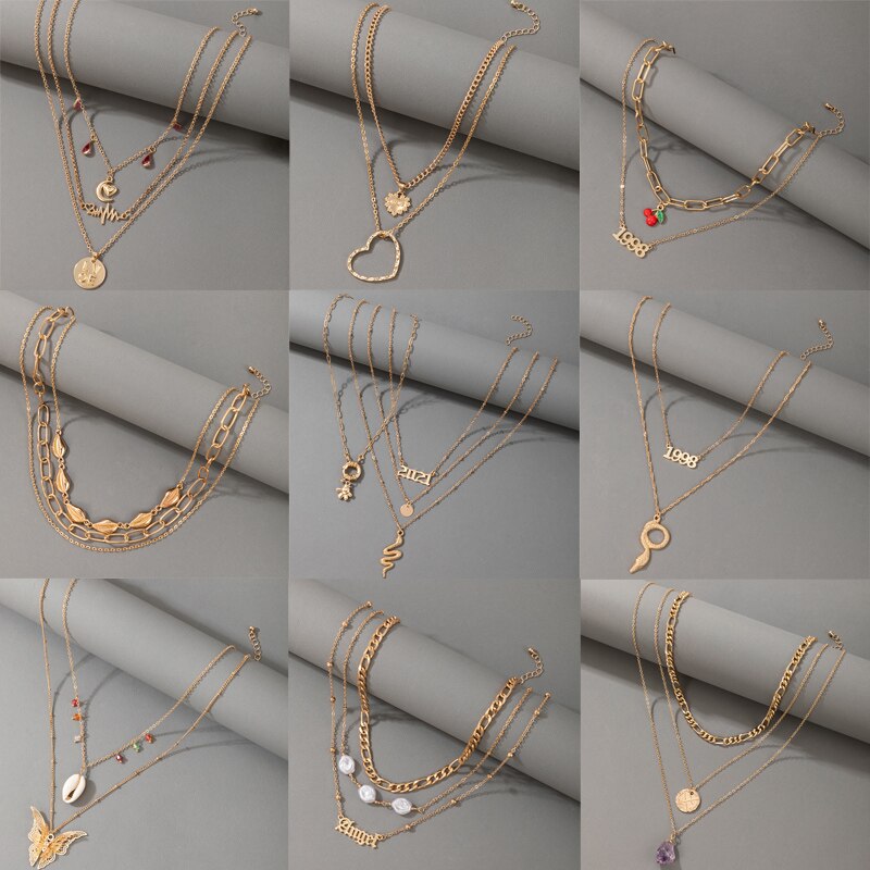 Tocona Snakle Pendant Neckalce for Women Letter 1998 Pearl Stone Multi-layer Butterfly  Shell Chain Choker Jewelry Collar