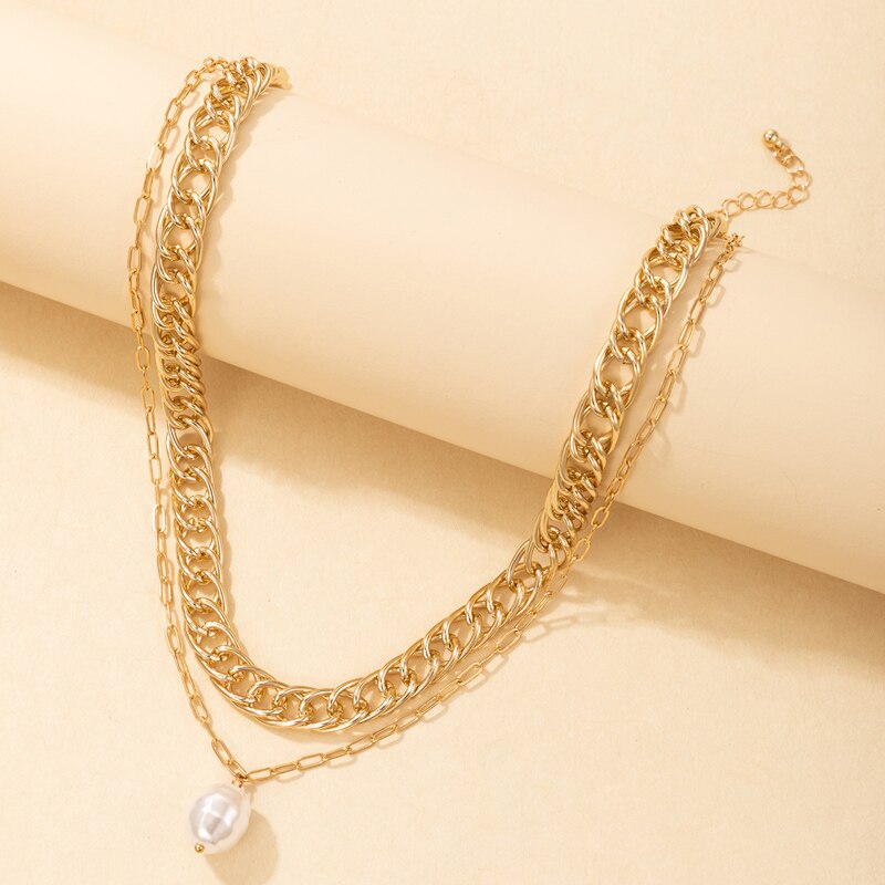 Tocona Punk Thick Gold Color Metal Choker Necklace for Women Pearl Pendant Chains Short Necklace Trendy Jewelry Party Gift 18452