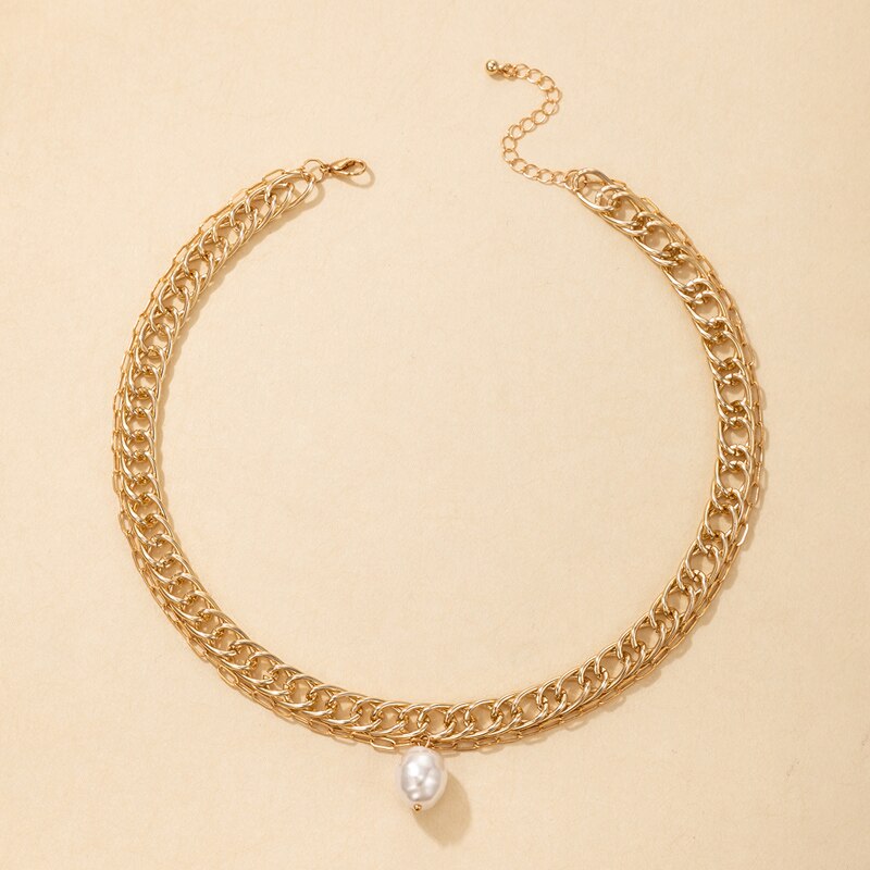 Tocona Punk Thick Gold Color Metal Choker Necklace for Women Pearl Pendant Chains Short Necklace Trendy Jewelry Party Gift 18452