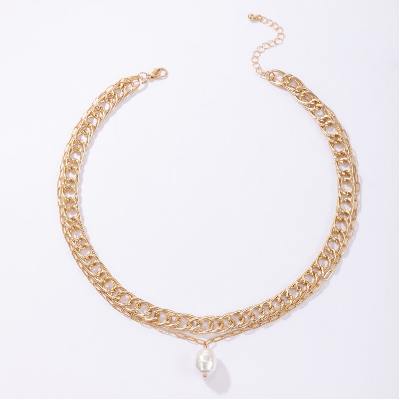 Tocona Punk Thick Gold Color Metal Choker Necklace for Women Pearl Pendant Chains Short Necklace Trendy Jewelry Party Gift 18452