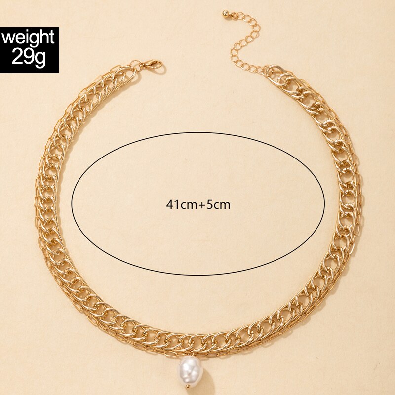 Tocona Punk Thick Gold Color Metal Choker Necklace for Women Pearl Pendant Chains Short Necklace Trendy Jewelry Party Gift 18452