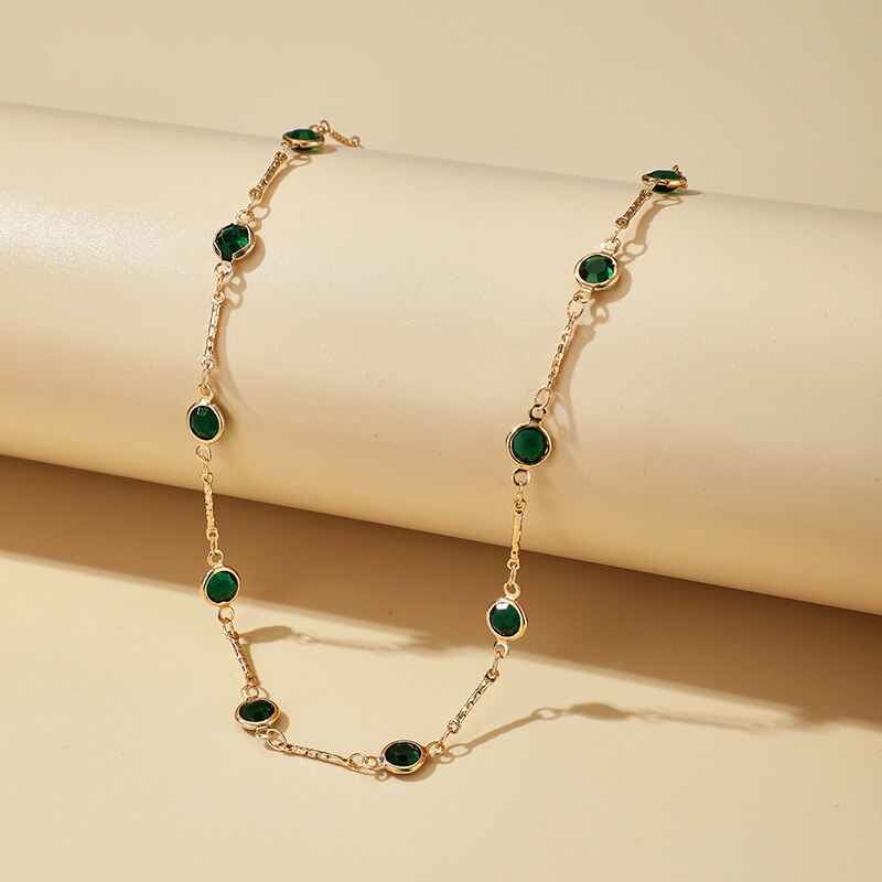 Tocona Trendy Green Crystal Choker Necklace for Women Round Zircon Gold Clavicle Chain Choker Female Party Jewelry Gift 15633