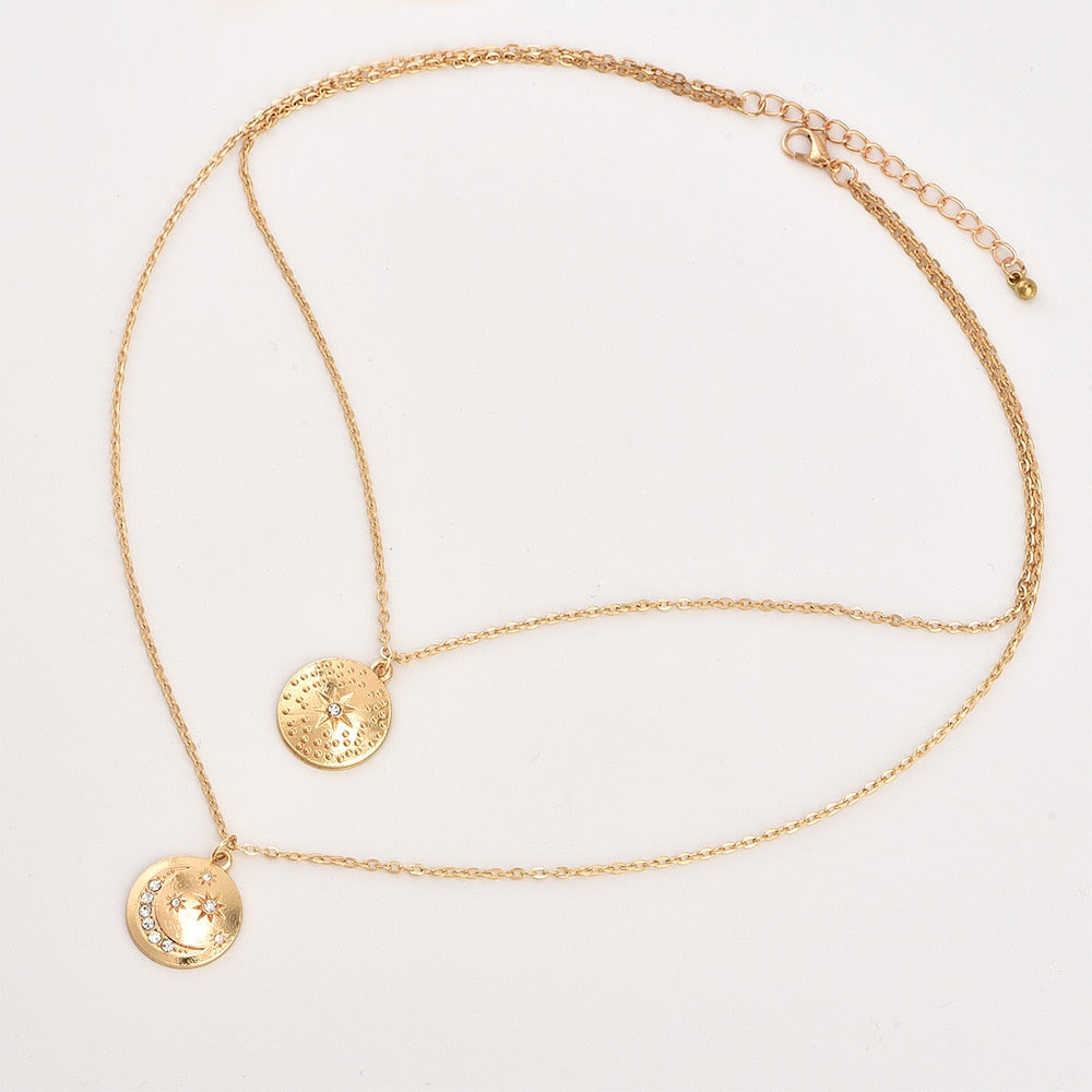 Vintage Antique Gold Star Moon Pendant Chokers Necklaces Multi Layer Charm Necklace Collar for Women Boho Jewelry 6176