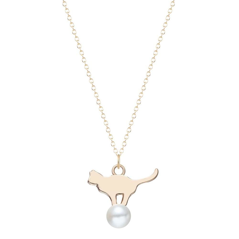 Cute Playing Cat with Ball Imitation Pearls Necklace Simple Lovely Necklaces & Pendants for Women Birthd Gift