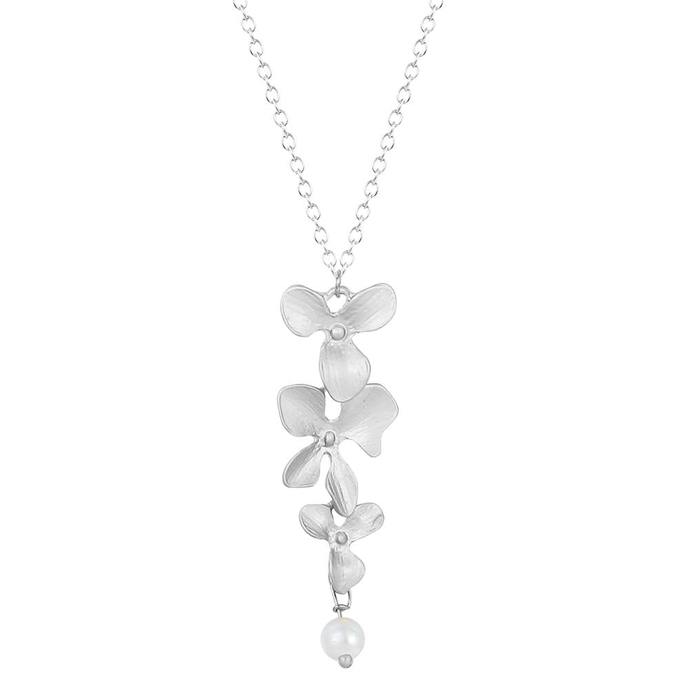Orchid Flower Necklace Silver Collier Femme Imitation Pearl Floral Charm Pendant Women Vintage Jewelry Best Friend Gift