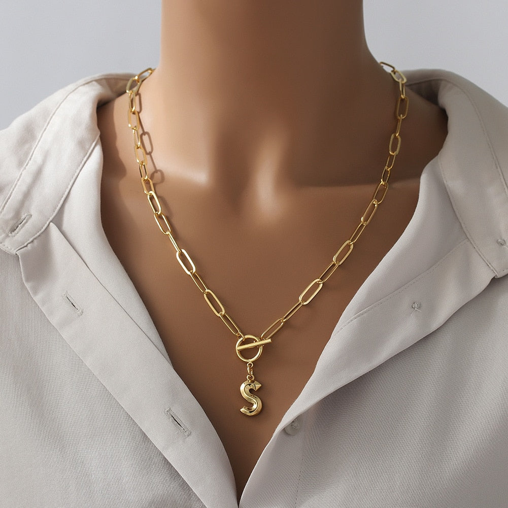 Toggle Clasp Letter Initial Necklace For Women Capital A-Z Alphabet Gold Color Necklaces Thick OT Buckle Choker Hip-Hop Jewelry