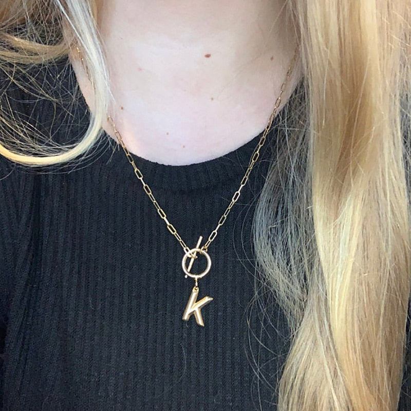 Toggle Clasp Letter Initial Necklace For Women Capital A-Z Alphabet Gold Color Necklaces Thick OT Buckle Choker Hip-Hop Jewelry