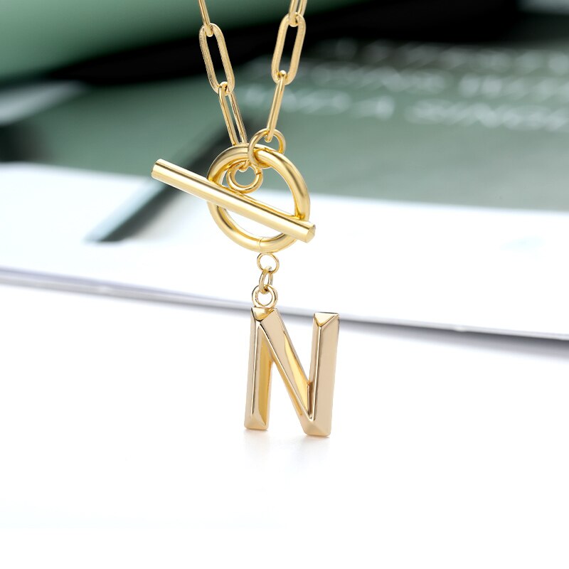 Toggle Clasp Letter Initial Necklace For Women Capital A-Z Alphabet Gold Color Necklaces Thick OT Buckle Choker Hip-Hop Jewelry