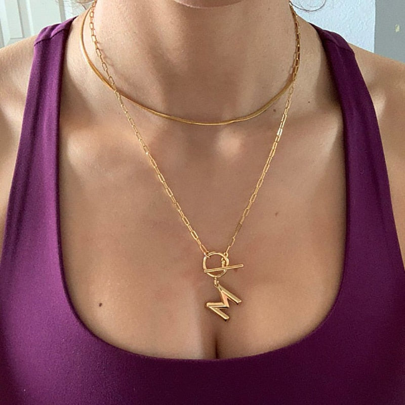 Toggle Clasp Letter Initial Necklace For Women Capital A-Z Alphabet Gold Color Necklaces Thick OT Buckle Choker Hip-Hop Jewelry