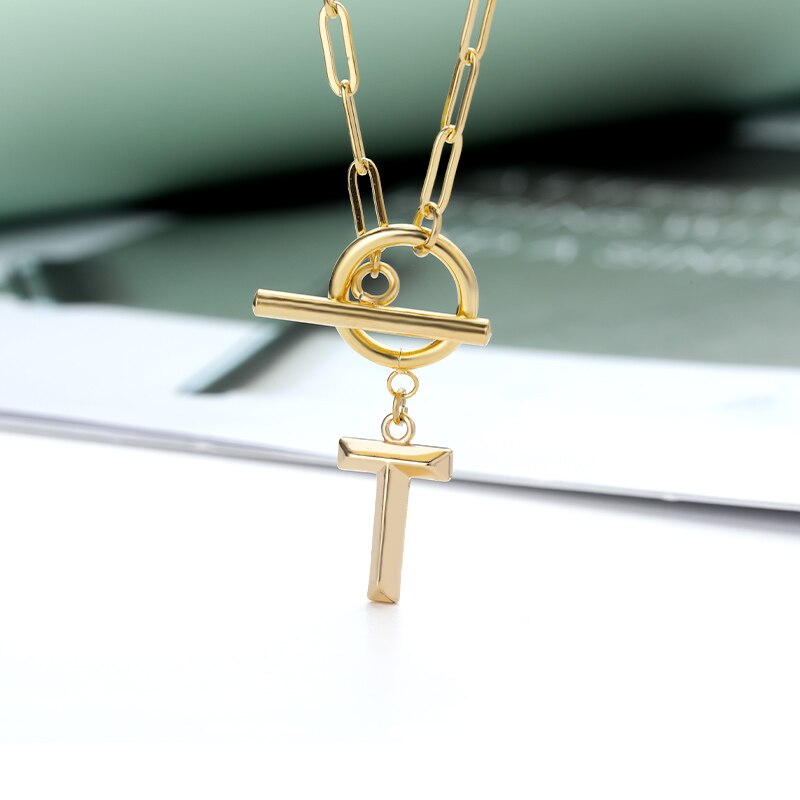 Toggle Clasp Letter Initial Necklace For Women Capital A-Z Alphabet Gold Color Necklaces Thick OT Buckle Choker Hip-Hop Jewelry