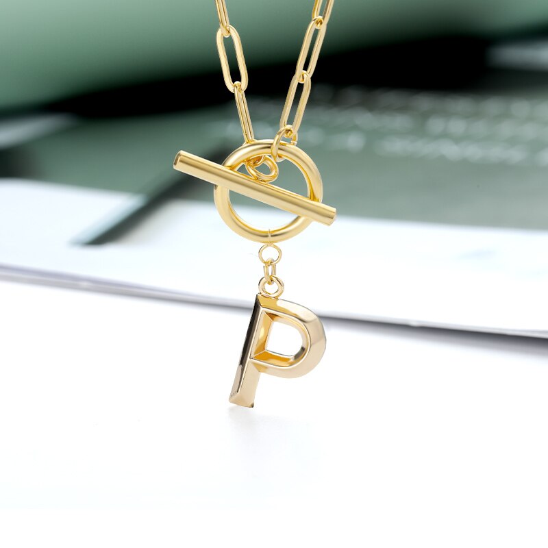 Toggle Clasp Letter Initial Necklace For Women Capital A-Z Alphabet Gold Color Necklaces Thick OT Buckle Choker Hip-Hop Jewelry