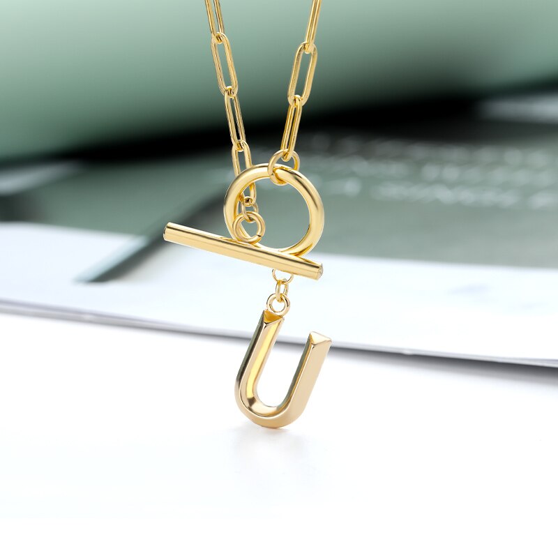 Toggle Clasp Letter Initial Necklace For Women Capital A-Z Alphabet Gold Color Necklaces Thick OT Buckle Choker Hip-Hop Jewelry