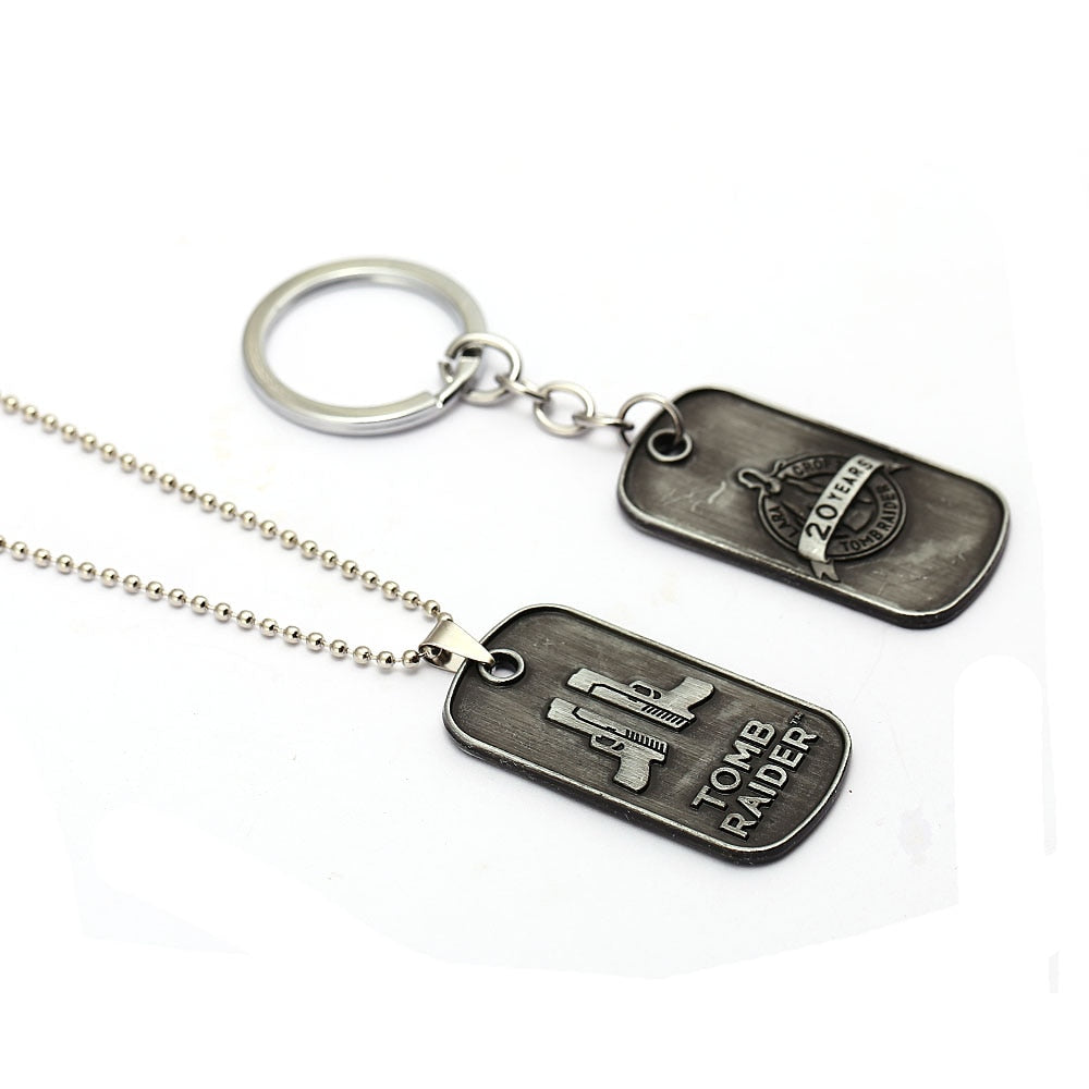 Tomb Raider The 20th Anniversary Gun Pendant Necklaces Bead Chain Vintage Choker Necklace Alloy Dog Tag Fans Jewelry