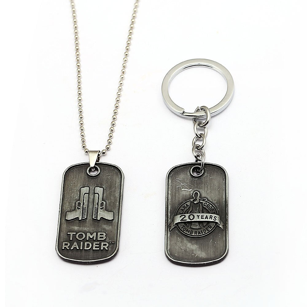 Tomb Raider The 20th Anniversary Gun Pendant Necklaces Bead Chain Vintage Choker Necklace Alloy Dog Tag Fans Jewelry