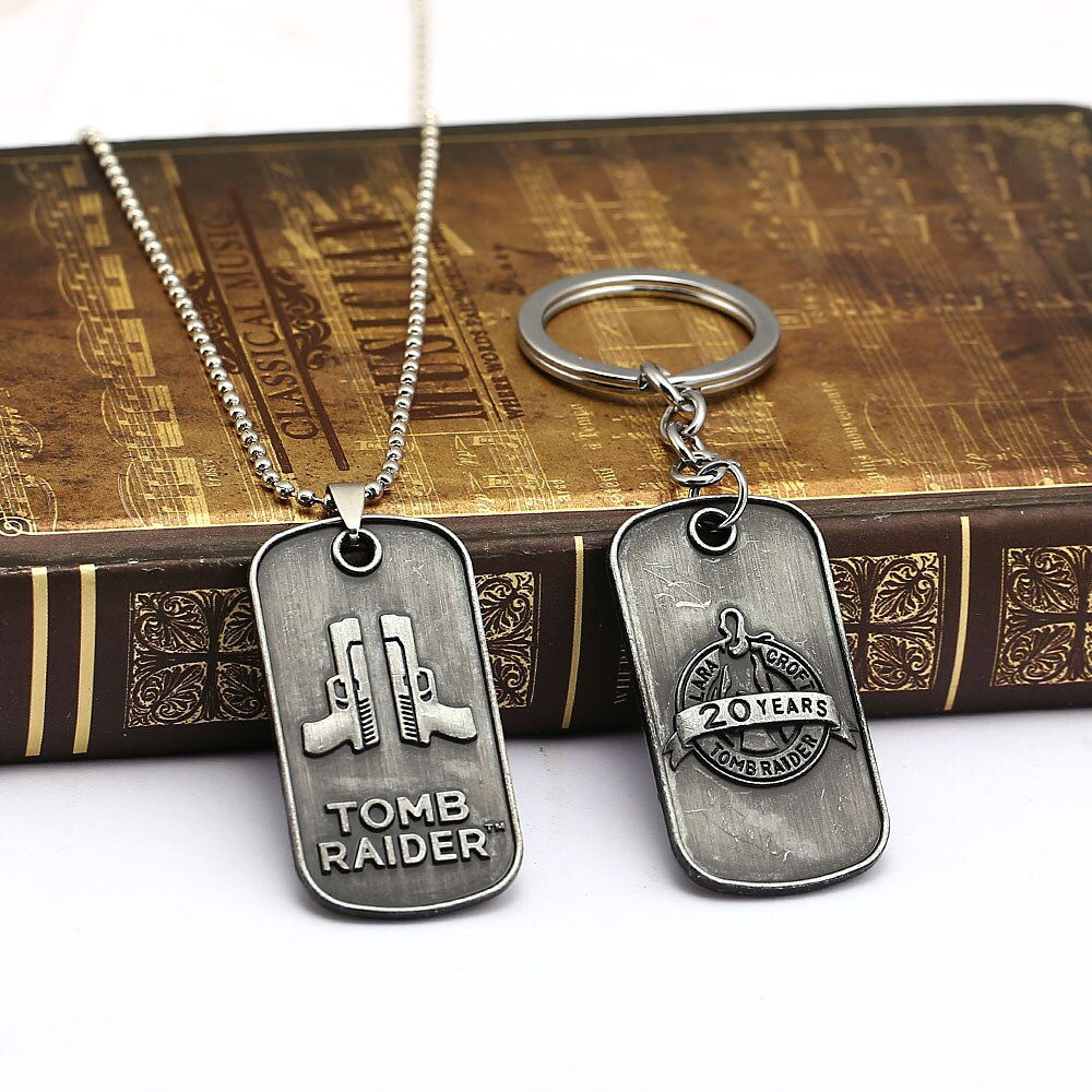 Tomb Raider The 20th Anniversary Gun Pendant Necklaces Bead Chain Vintage Choker Necklace Alloy Dog Tag Fans Jewelry