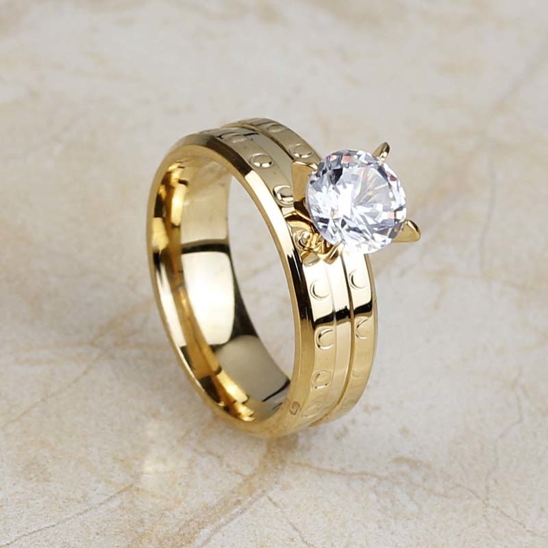 Top Fashion Titanium Steel Gold Color Engagement Wedding Band Ring CZ Austrian Crystals Round Women Jewelry Width 6mm (A1052)