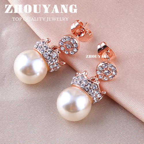 Top Quality Crown Imitation Pearl Rose Gold Color Stud Earrings Made with Genuine Austrian Crystal E163 E164