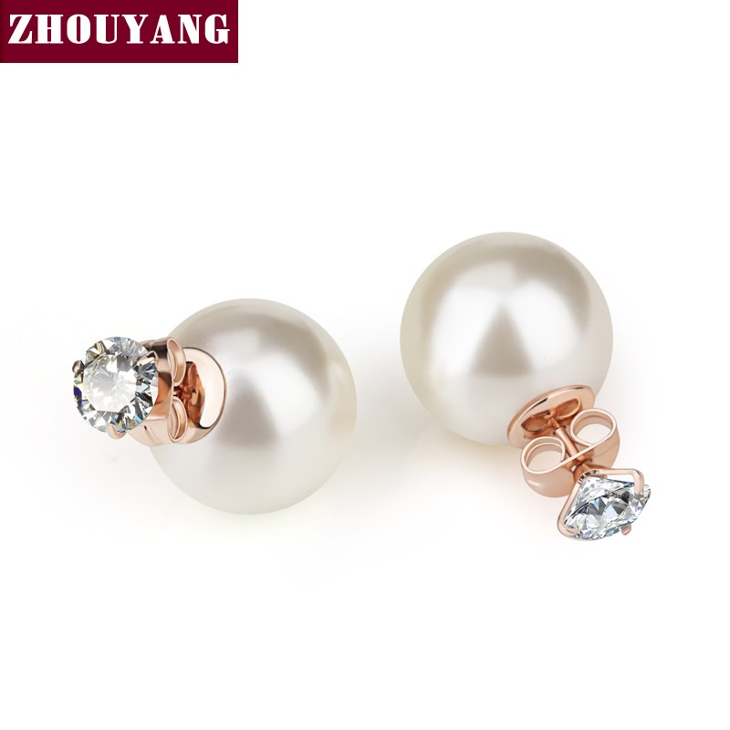 Top Quality Cubic Zirconia Imitation Pearl Rose Gold Color Stud Earrings Wholesale ZYE805 ZYE806