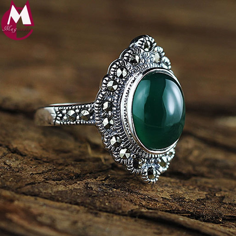 Top Quality Green Agate 925 Sterling Silver Retro Personality Geometry Wedding Finger Ring Brand Jewelry for Women Size 6 7 8 9