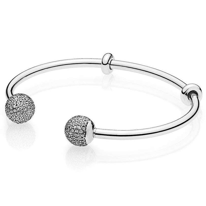 Top Quality MOMENTS Open Bangle Pave Caps WIth Cubic Zirconia Bangle Bracelet Fit Bead Charm 925 Sterling Silver Pandora Jewelry