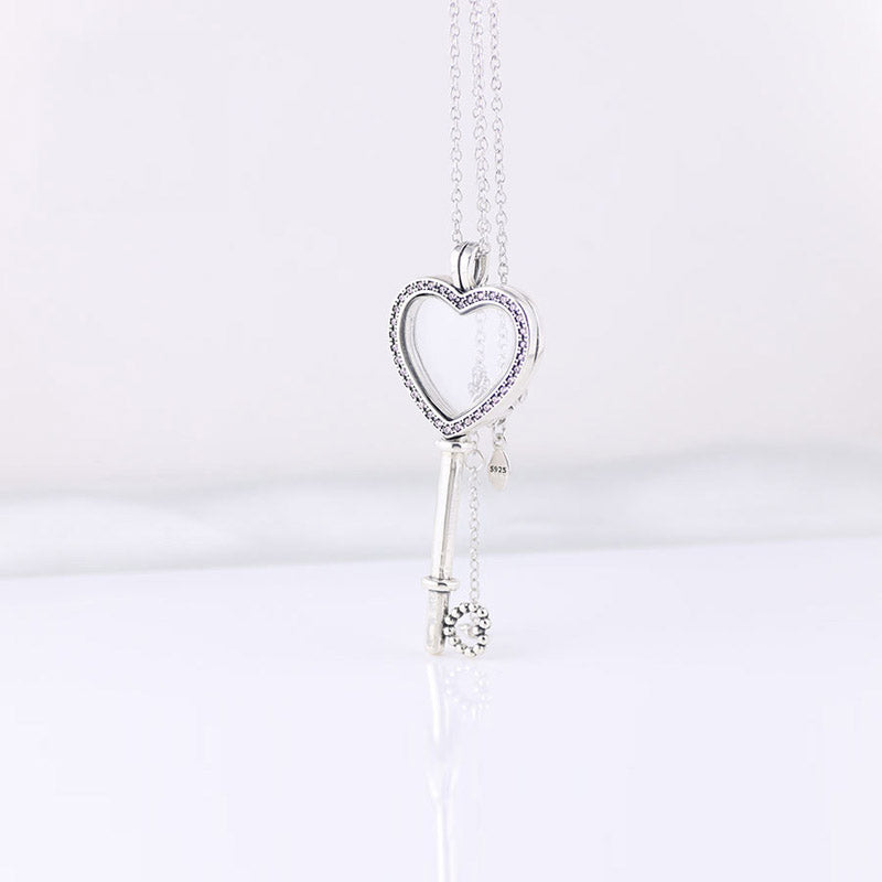 S925 Silver Women Necklace Sparkling Heart Locket Key Necklace Birthday Gift Girl Lady Jewelry