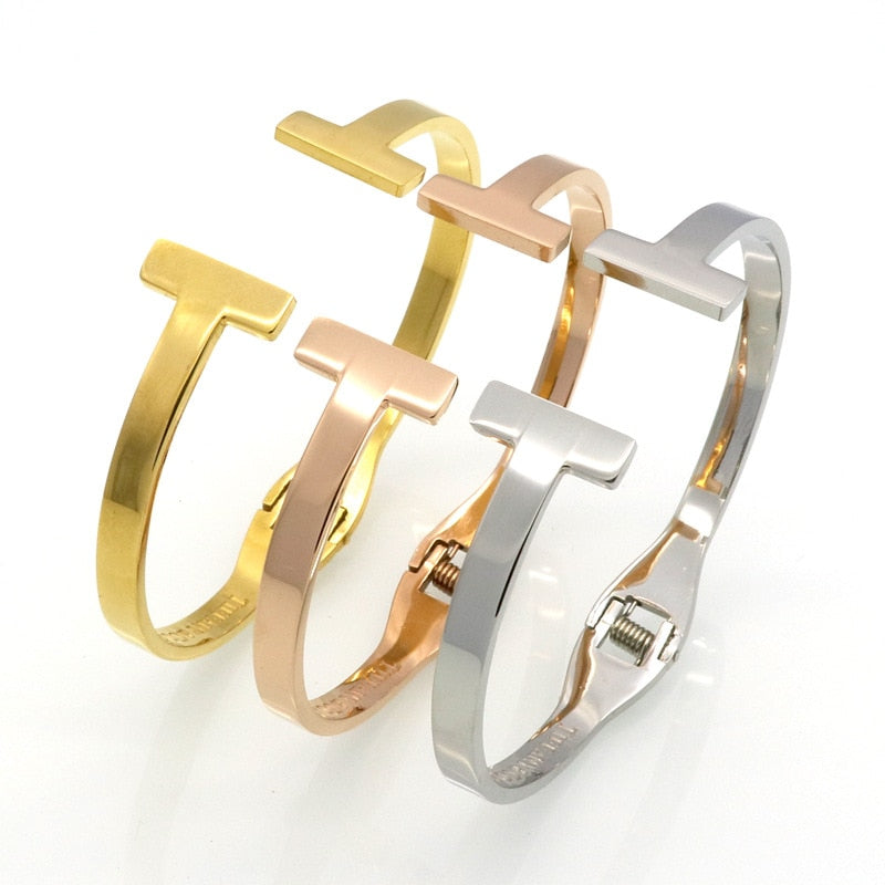 Top Quality Stainless Steel Gold Color Spring Snap Bracelet Double T Bangle For Women Jewelry Bangles Wholesale fine jewelry
