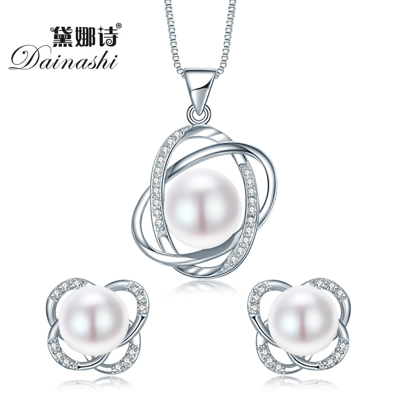 Top Quality Trendy Cross 925 Sterling Silver Jewelry Sets Pendant Necklace & Earring Big Pearl Pendant Earrings For Women Gift