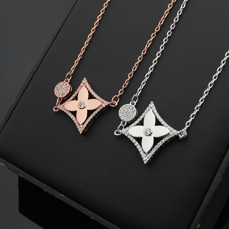 Top quality fine jewelry for women exquisite clover necklace titanium steel with cz stones square necklace