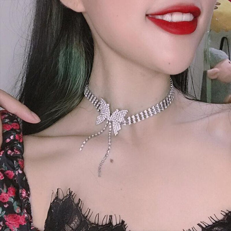 Top women Full Rhinestone Butterfly Necklace Silver Color Wild Tassel Clavicle Chain Necklace for Women Pendant Gift