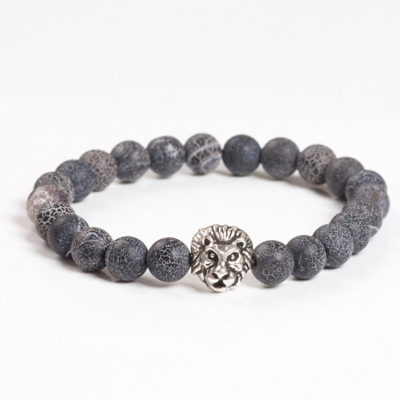 TopGoods Natural Black Weathered Agate bracelet Women Fashion Jewelry DIY Lion Head Round Charm Bracelets For Men Yoga Bracelet