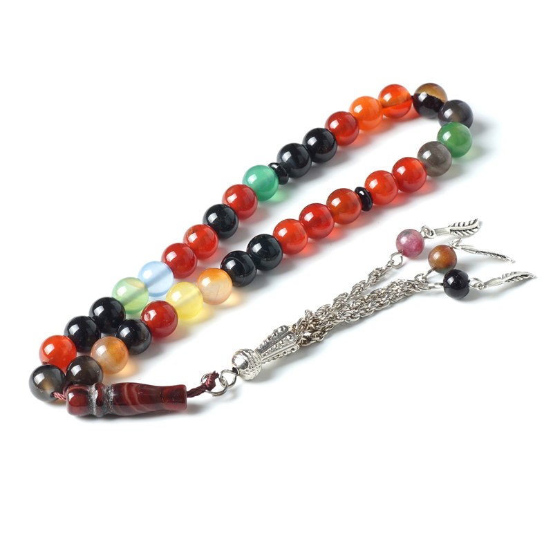 TopGoods Natural Stone Rosary Colourful Agate Rosarys for Islamic Muslim 33 pcs Tesbih Allah 8mm Religious Prayer Beads Bracelet