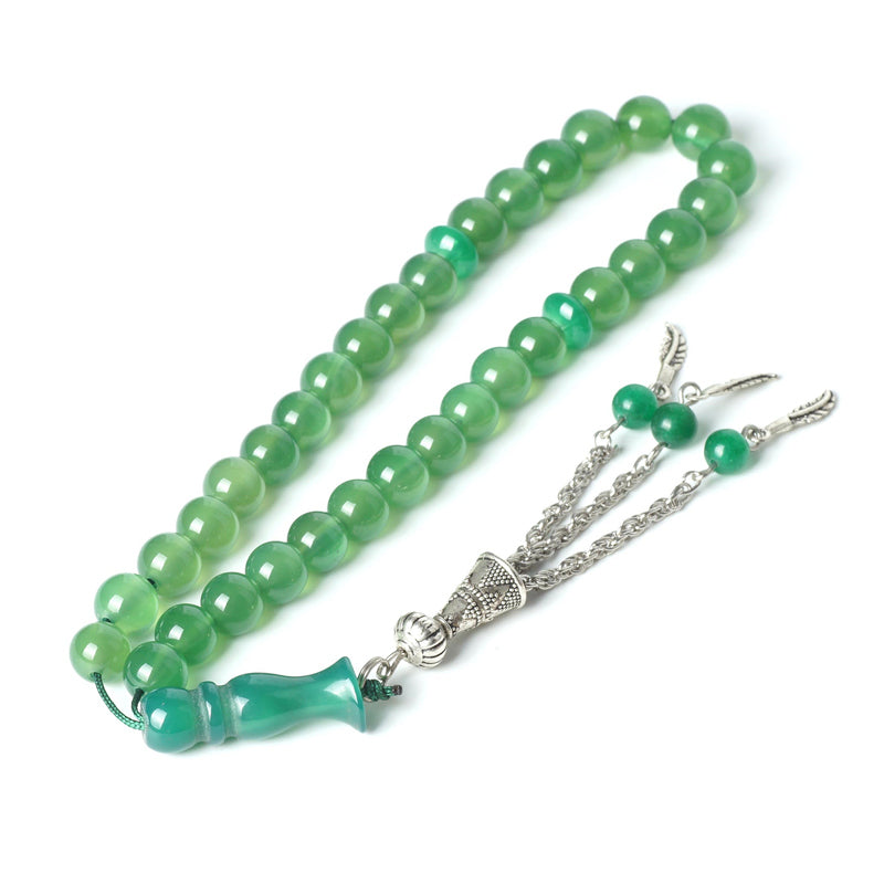 TopGoods Natural Stone Rosary Green Agate Rosarys for Islamic Muslim 33 pcs Gemstone Tesbih 8mm Religious Prayer Beads Bracelet