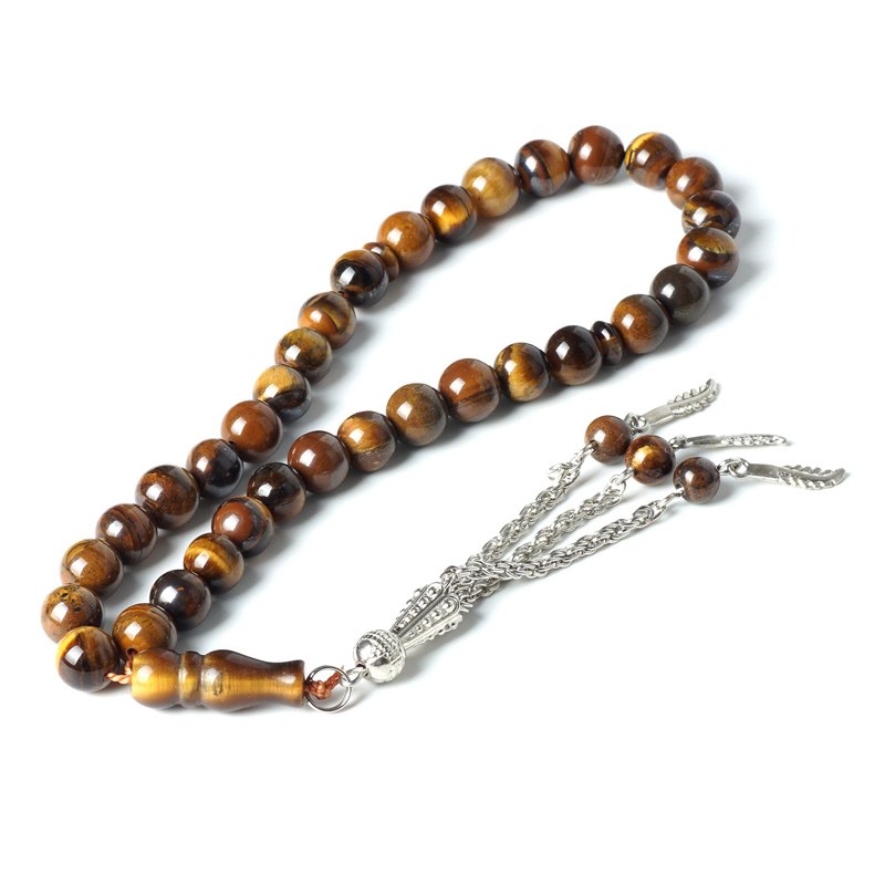 TopGoods Natural Stone Rosary Tiger Eye Stone Rosarys for Islamic Muslim 33 pcs Tesbih Allah 8MM Religious Prayer Beads Bracelet
