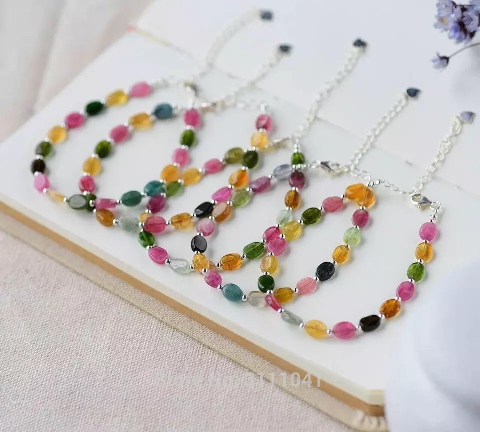 Tourmaline flat multicolor 3-5mm bracelet 8inch   beads FPPJ