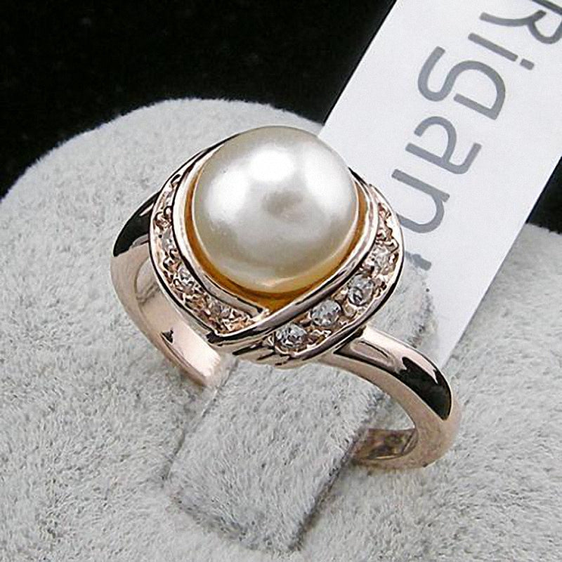 Brand Austrian Crystal Copper Wedding gold Color simulated pearl Rings for Women Vintage New Sale Hot RG93137